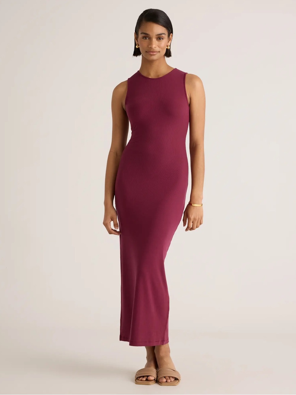 Quince Tencel Rib Knit Tank Midi Dress Wine Small